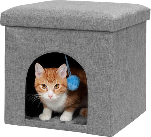 Pet House for Cats and Small Dogs - Collapsible Living Room Ottoman Footstool Cat Cave Condo Storage, Stormy Gray, Small