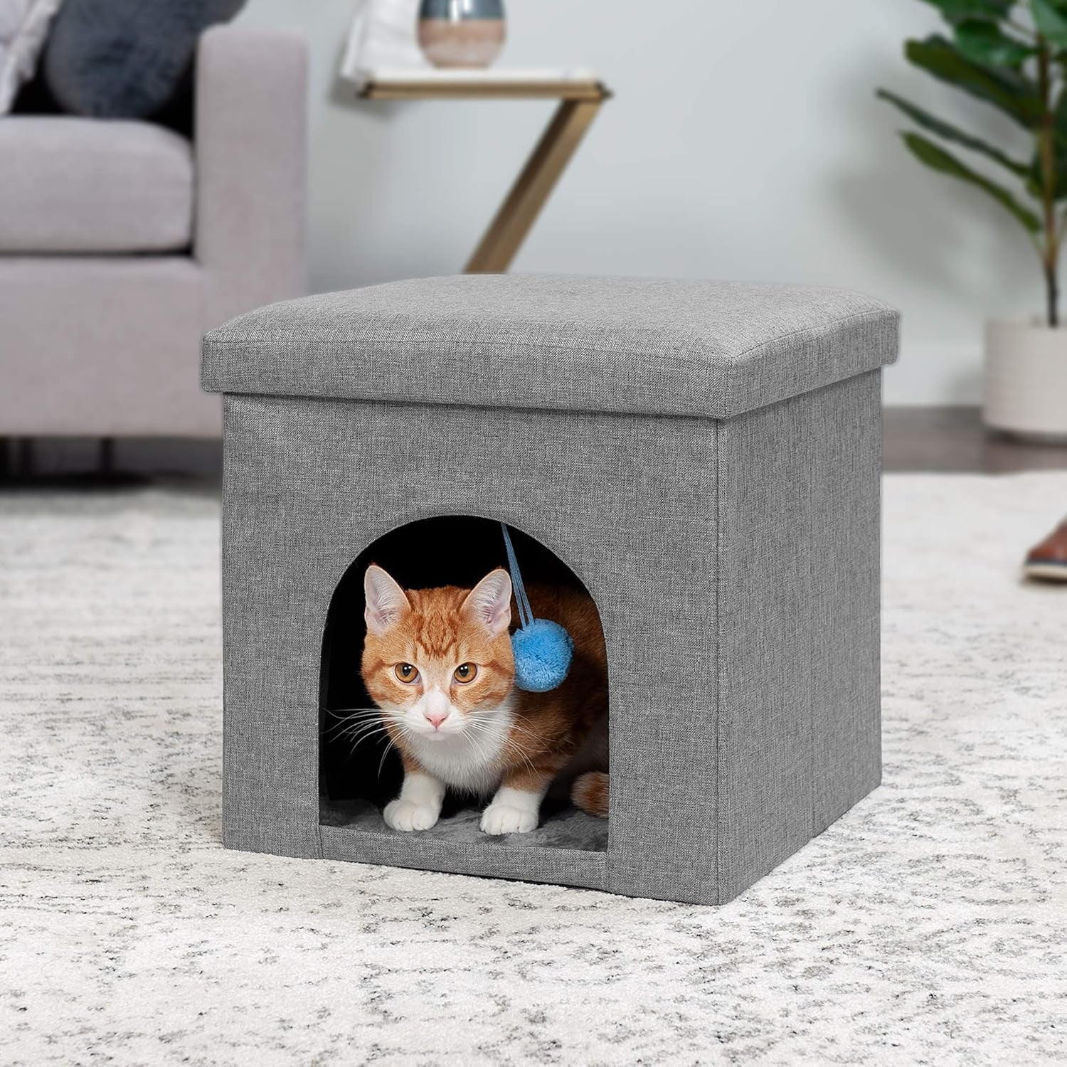 Pet House for Cats and Small Dogs - Collapsible Living Room Ottoman Footstool Cat Cave Condo Storage, Stormy Gray, Small