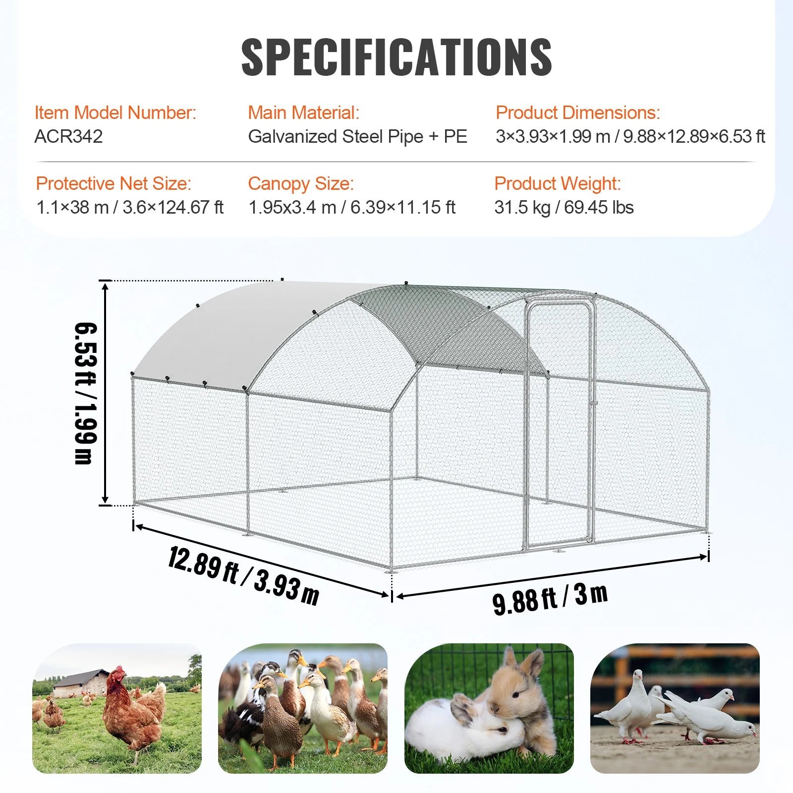 VEVOR Large Metal Chicken Coop, 9.8X12.9X6.5 Ft Walk in Chicken Run for Yard with Waterproof Cover, Doom Roof Hen House with Security Lock for Outdoor and Backyard, Farm, Duck Rabbit Cage Poultry Pen
