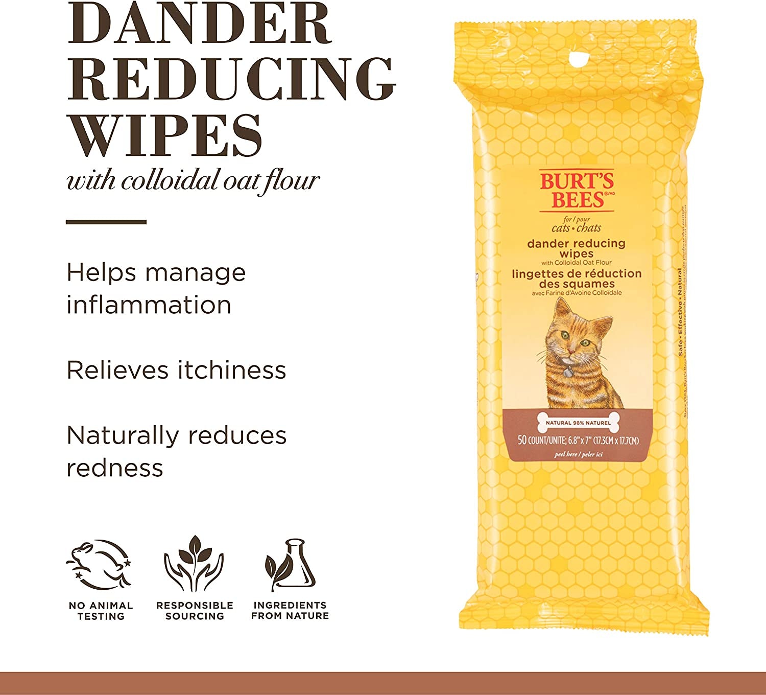 Burt'S Bees for Cats Dander Reducing Wipes - Kitten and Cat Wipes for Grooming - Burts Bees Cat Dander Wipes, Cat Grooming Wipes, Pet Wipes Cats, Cat Cleaning Wipes, Natural Cat Wipes, Cat Fur Wipes
