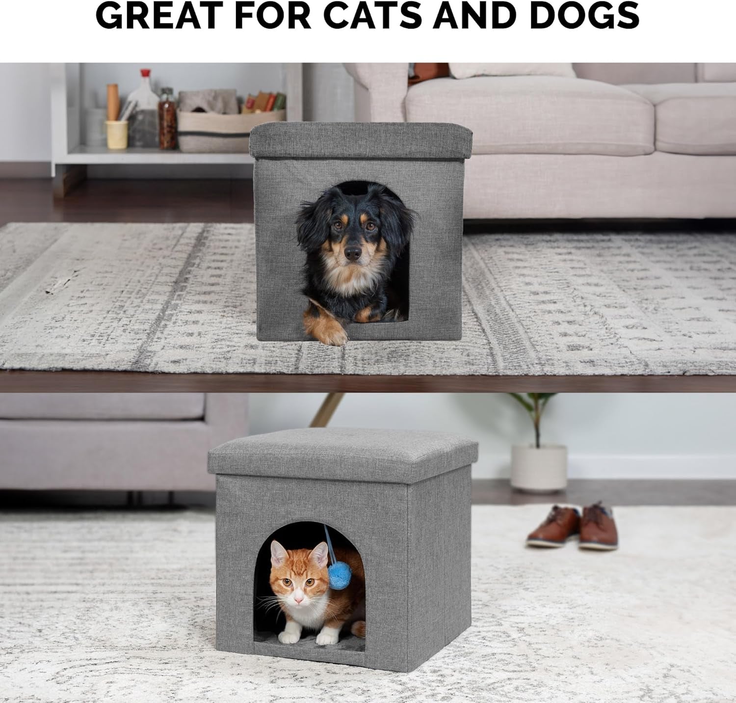 Pet House for Cats and Small Dogs - Collapsible Living Room Ottoman Footstool Cat Cave Condo Storage, Stormy Gray, Small