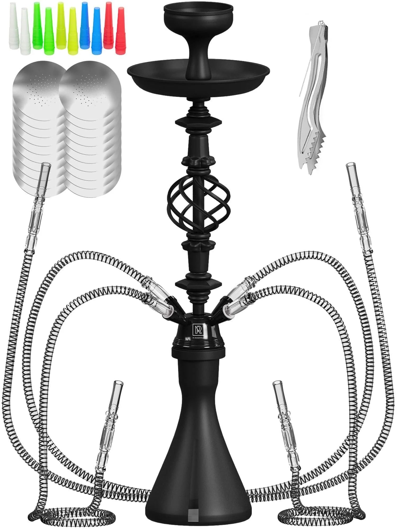Hookah Set with Everything 4 Hose Black Hookah Set 50X Foil Big Silicone Bowl