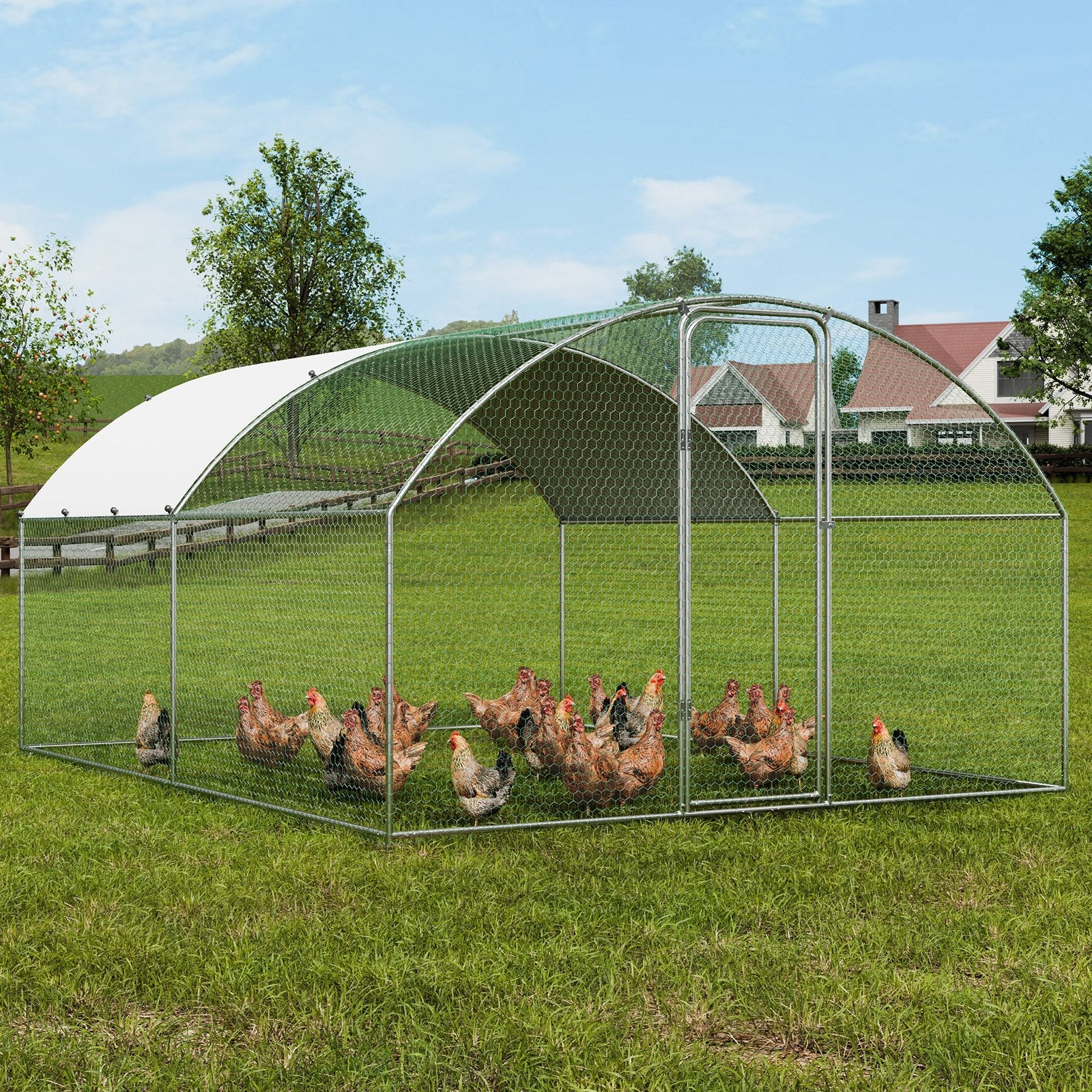 VEVOR Large Metal Chicken Coop, 9.8X12.9X6.5 Ft Walk in Chicken Run for Yard with Waterproof Cover, Doom Roof Hen House with Security Lock for Outdoor and Backyard, Farm, Duck Rabbit Cage Poultry Pen